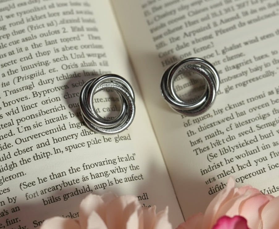 Interlocking Triple Circle Stud Earrings | Modern Knot Silver Tone Earrings