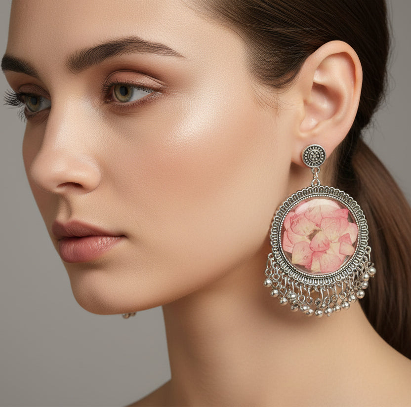 Vintage-Style Pink Rose Petal Statement Earrings – Silver Beaded