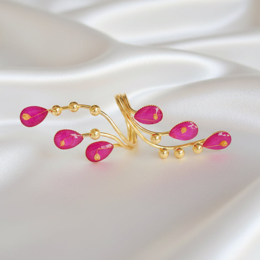 Hot Pink Floral Full Finger Ring – Gold Vine Armor Ring – Statement Fuchsia Teardrop Ring – Botanical Statement Jewelry