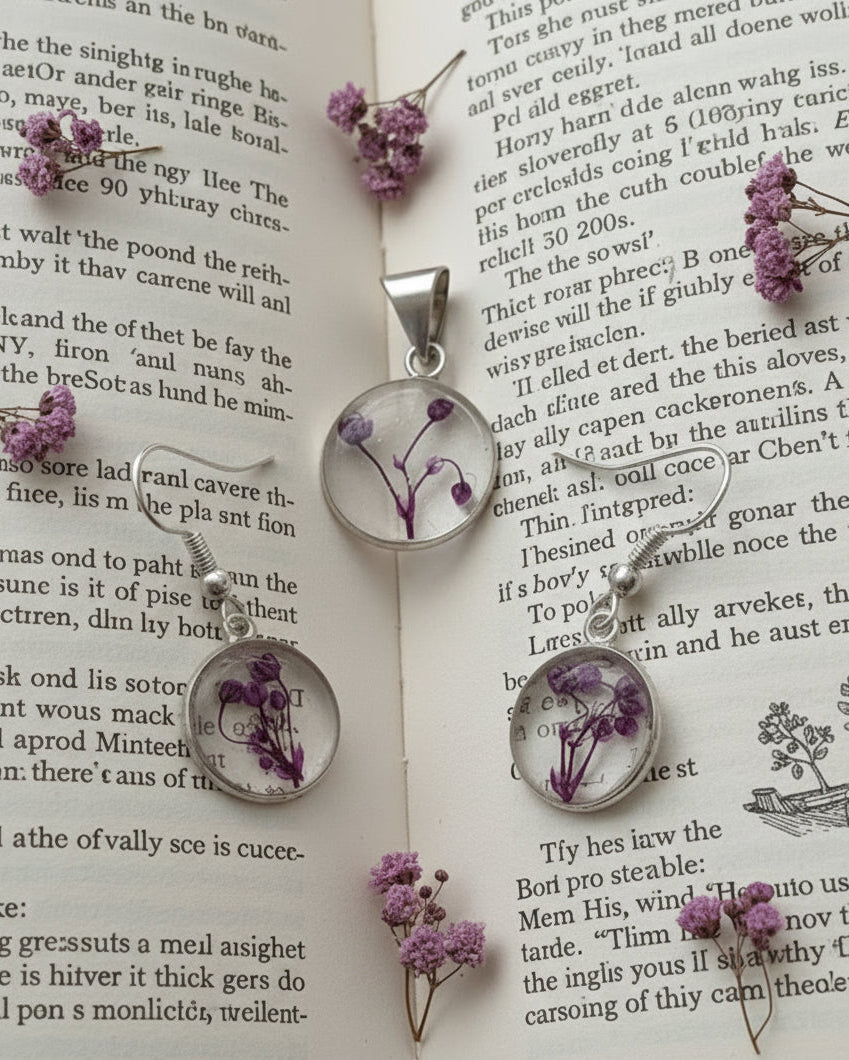 'Forever Bloom' Purple Flower Resin Jewelry Set - Everyday Earrings & Pendant