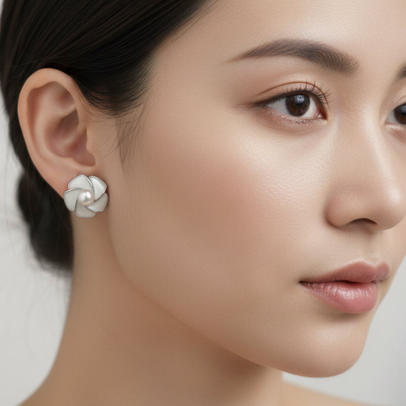 Elegant Camellia Blossom Pearl Stud Earrings – Cream Enamel Floral Design