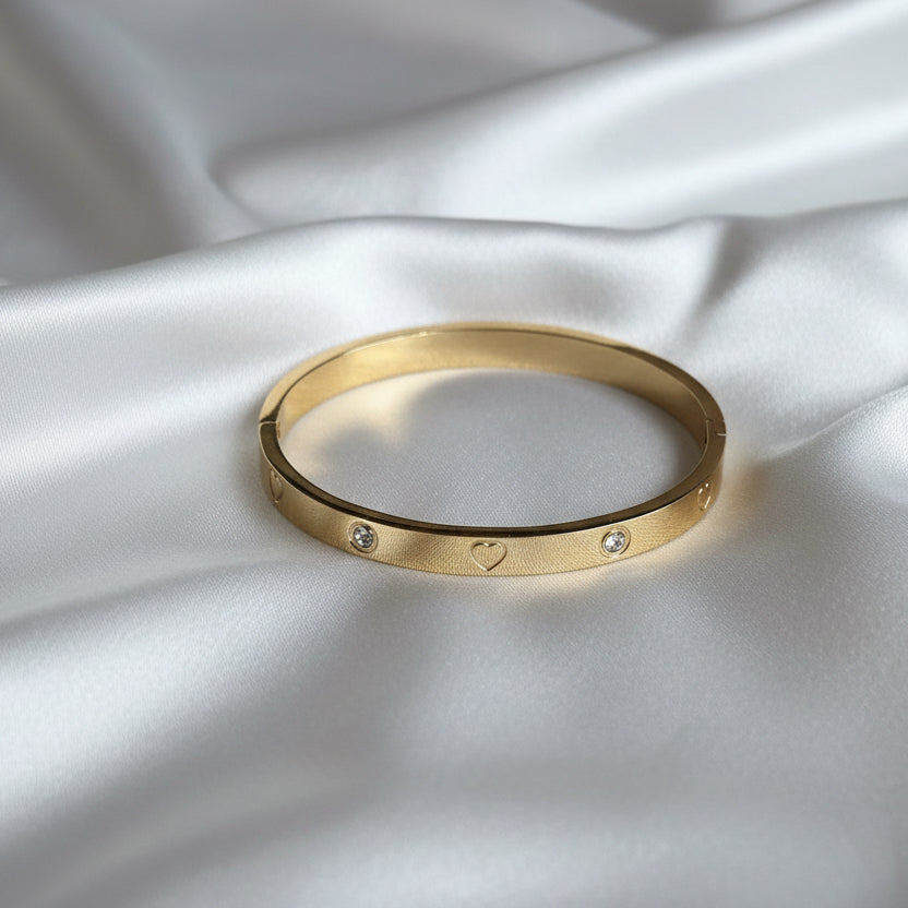 Gold Heart Bangle with Sparkling Crystals– Romantic Gift for Her