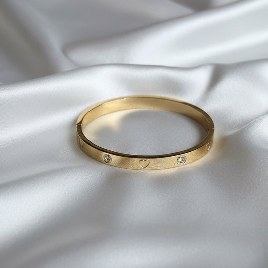 Gold Heart Bangle with Sparkling Crystals– Romantic Gift for Her