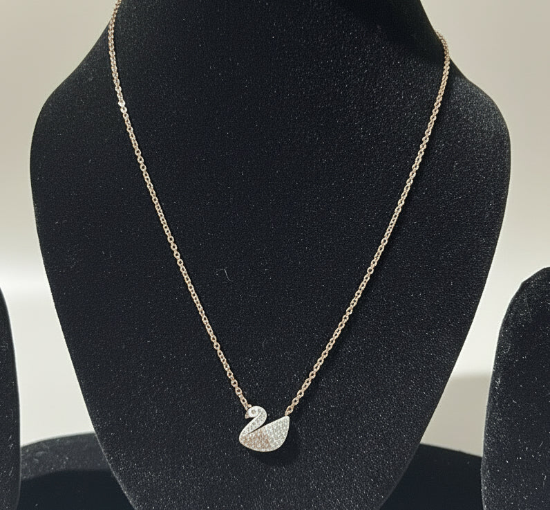 Sparkling Swan Pendant Necklace - Rose Gold Tone
