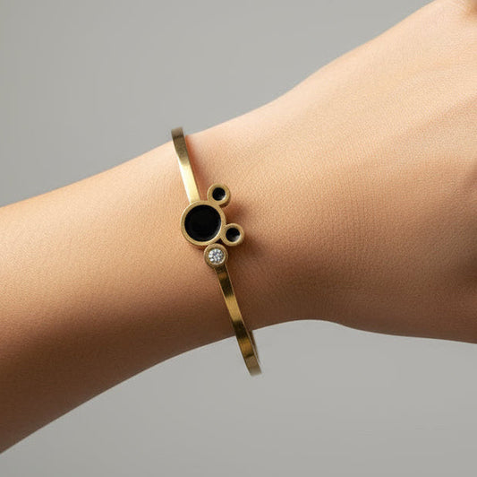 Elegant Gold Mickey Mouse- Black Enamel & Crystal Accent Bracelet