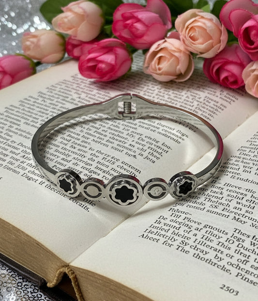 Sleek Silver & Black Enamel Floral/Star Motif Hinged Bangle Bracelet (Free size)