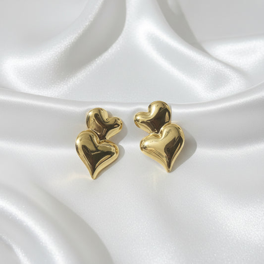Golden Double Heart Stud Earrings - High-Polish Stainless Steel