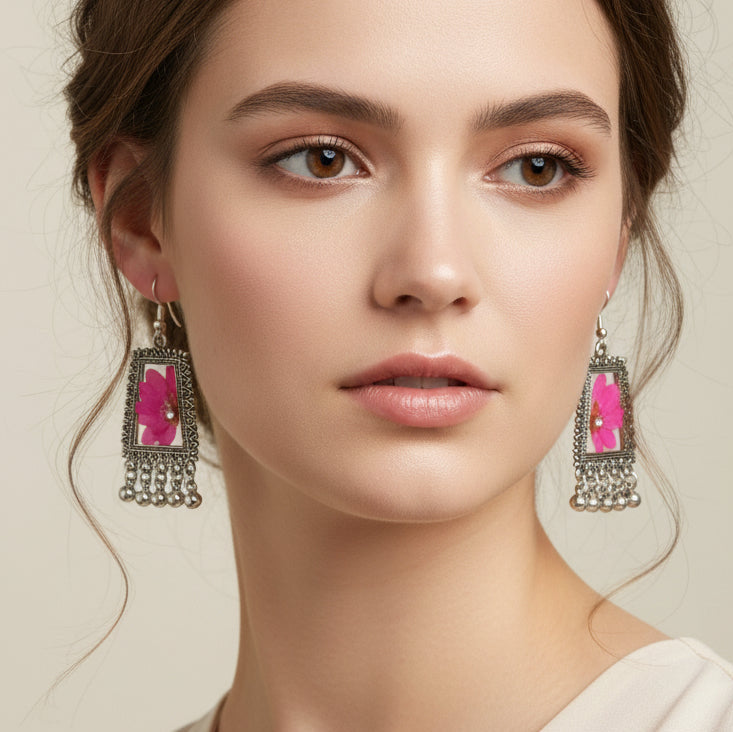 Real Pressed Flower Earrings in Intricate Silver-Tone Frame with Ghungroo Bells