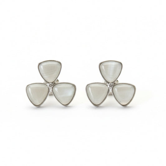 Shimmering Cat-Eye Petal Studs | Silver-Tone Floral Cluster Earrings