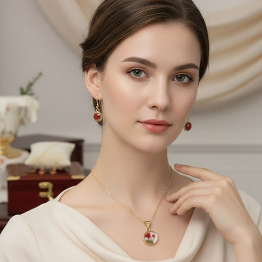 "Petal Love" Real Flower Resin Jewelry Set (Gold Tone)