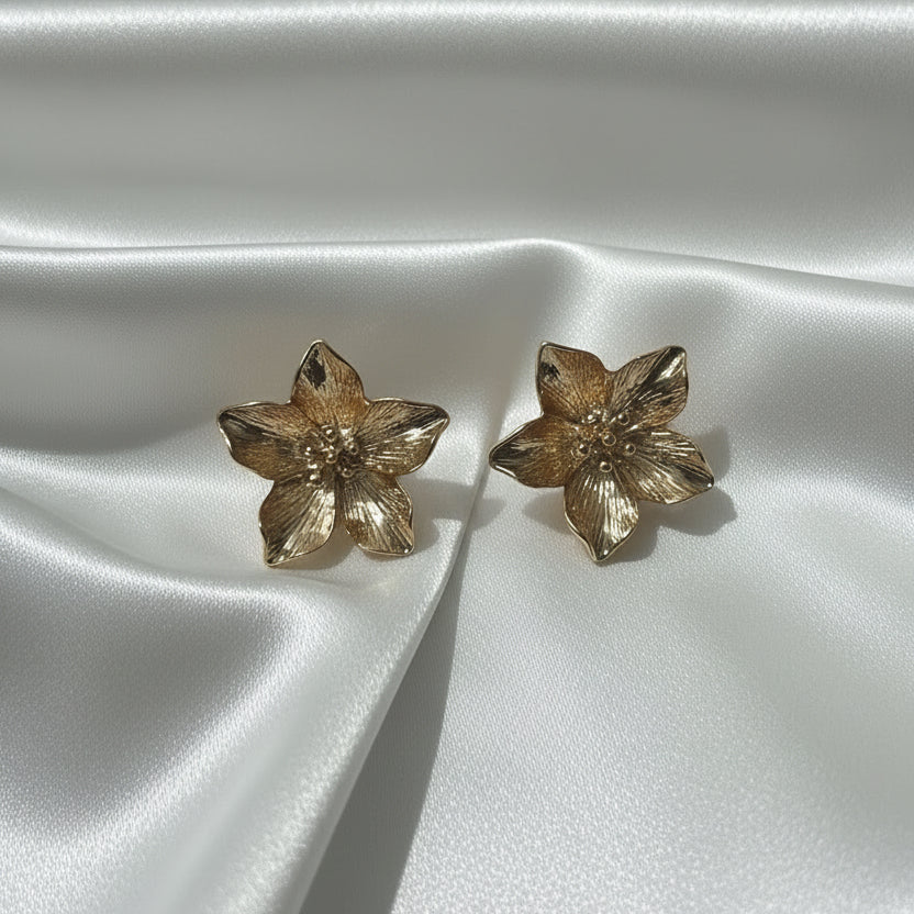 Vintage-Inspired Golden Bloom Stud Earrings – Textured Floral Statement