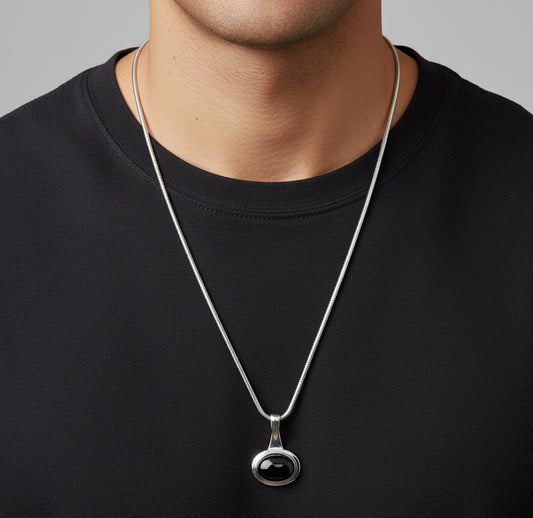Oval Black Stone Pendant Necklace
