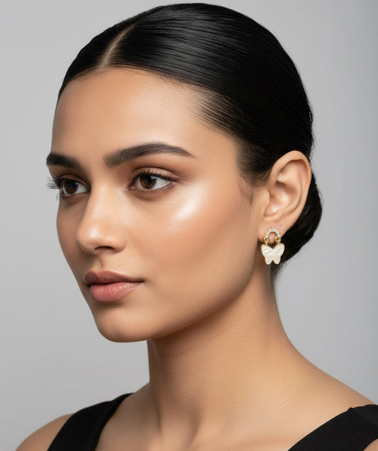 Gift for Her: Delicate Enamel Butterfly Hoop Earrings (Cream White)