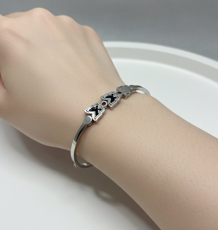 Triple Clover Stainless Steel Bangle | Lucky Quatrefoil Black Enamel Bracelet