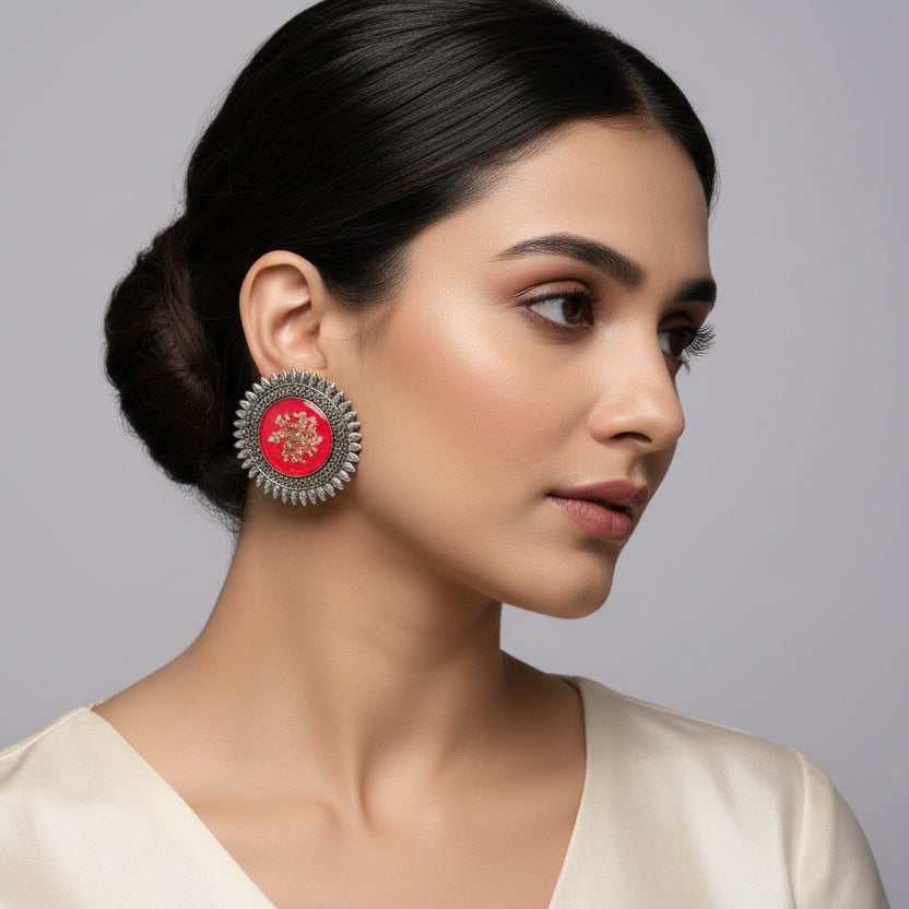 Boho Oxidized Silver Red Floral Stud Earrings – Real Pressed Flowers