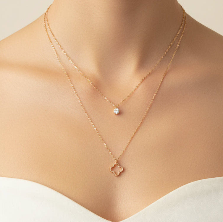 Gold Layered Necklace - Crystal & Lucky Clover Charm