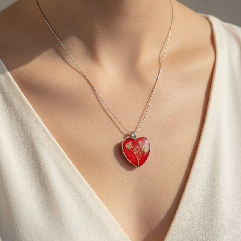 Eternal Bloom Heart Necklace – Real Dried Flowers in Ruby Red Resin