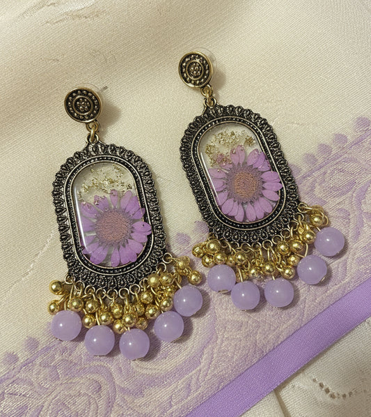 Boho Vintage Lilac Flower Resin Jhumka
