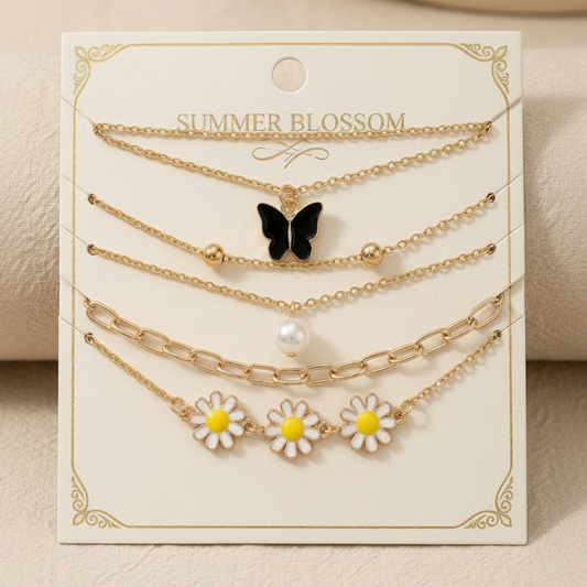 Bohemian Multi-Layer Gold Anklet Set – 6pc Summer Blossom Collection with Butterfly, Pearl, and Daisy Charms