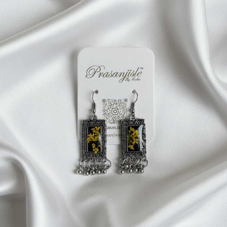 Handmade Oxidized Silver Resin Earrings with Pressed Yellow Wildflowers | Vintage Bohemian Dangle Earrings
