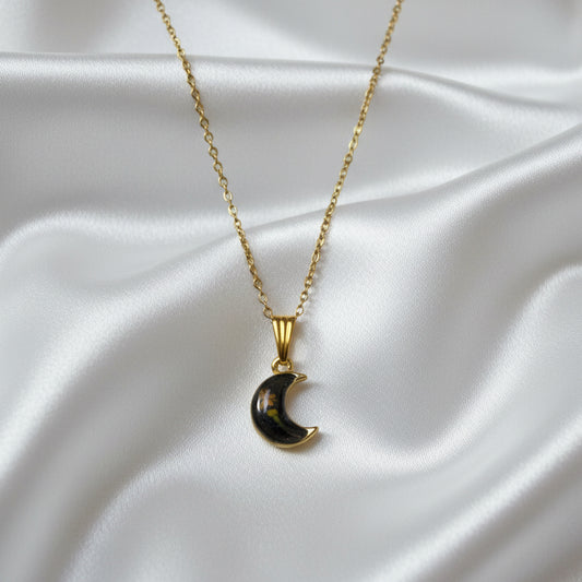 Celestial Crescent Moon Floral Necklace – Gold & Silver Botanical Enamel Pendant