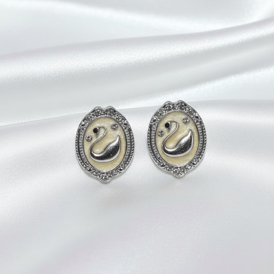 Korean Fashion Swan Motif Oval Studs with Crystal Halo