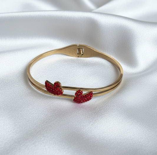 Red Crystal Double Swan Bangle – Gold-Tone Hinged Bracelet – Romantic Jewelry Gift