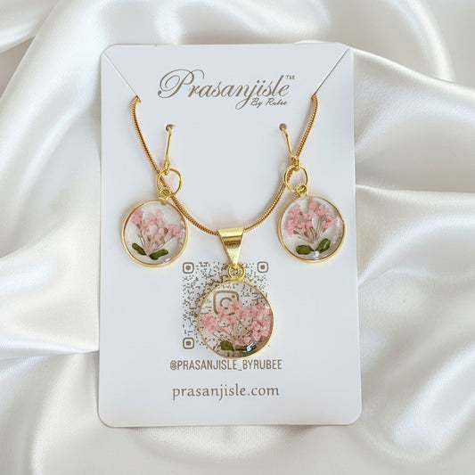 Handmade Real Flower Resin Jewelry Set - Gold/Pink