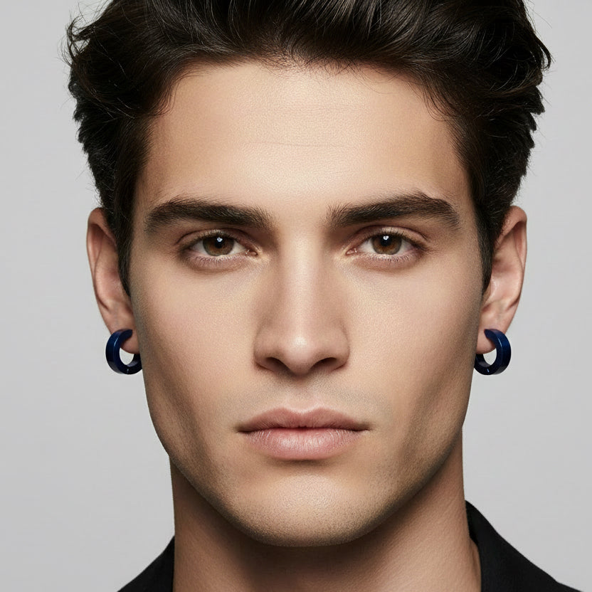 Men’s Matte Blue Stainless Steel Clip-On Hoop Earrings