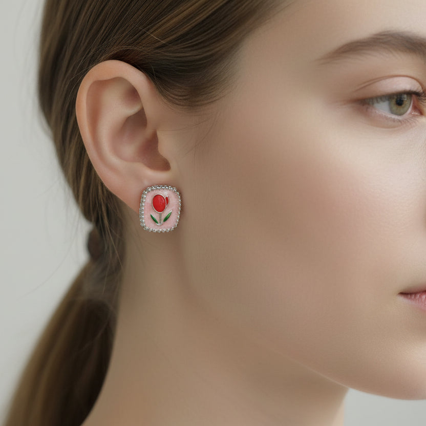Vintage-Style Enamel Tulip Stud Earrings