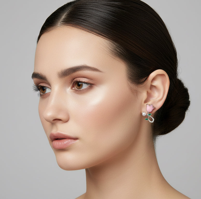 Elegant Pink Tulip & Pearl Drop Stud Earrings – Floral Enamel Jewelry
