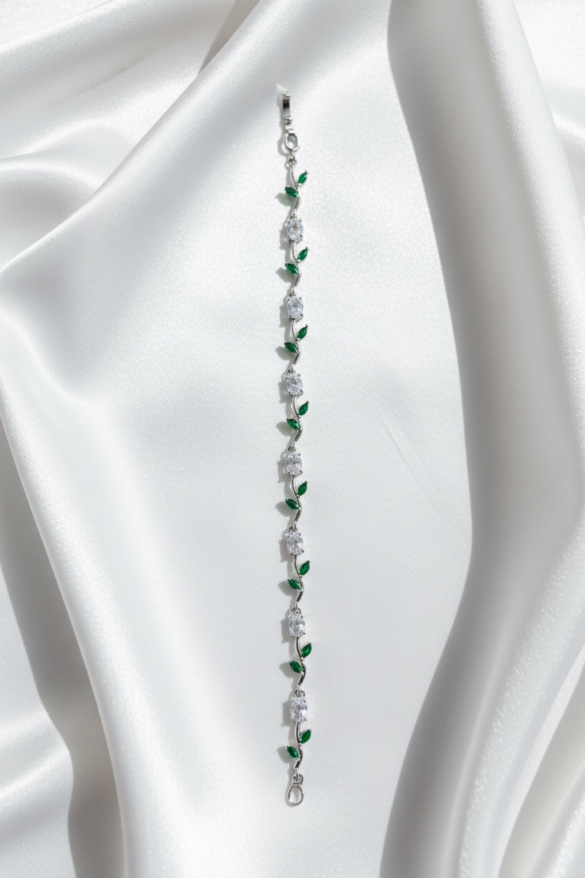 Emerald Green Vine Leaf Tennis Bracelet – Silver Finish Nature-Inspired Jewelry