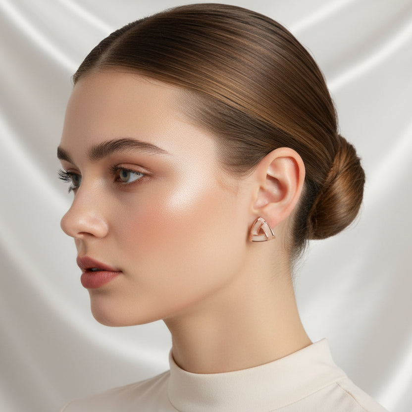 Chic Geometric Enamel Stud Earrings – Minimalist Gold-Trimmed Triangle Earrings in Cream