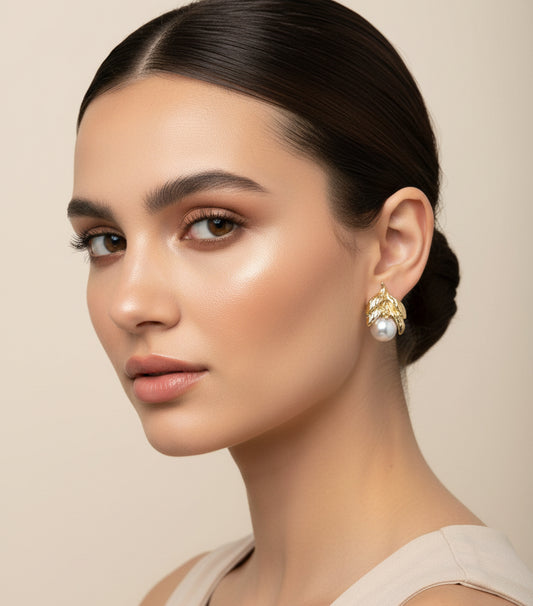 Elegance Studs: Pearl Drop with Detailed Gold-Tone Filigree Leaf