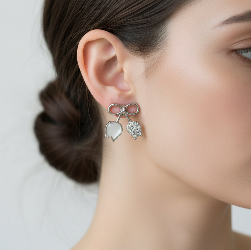 Sparkling Tulip Bow Stud Earrings – Silver Finish