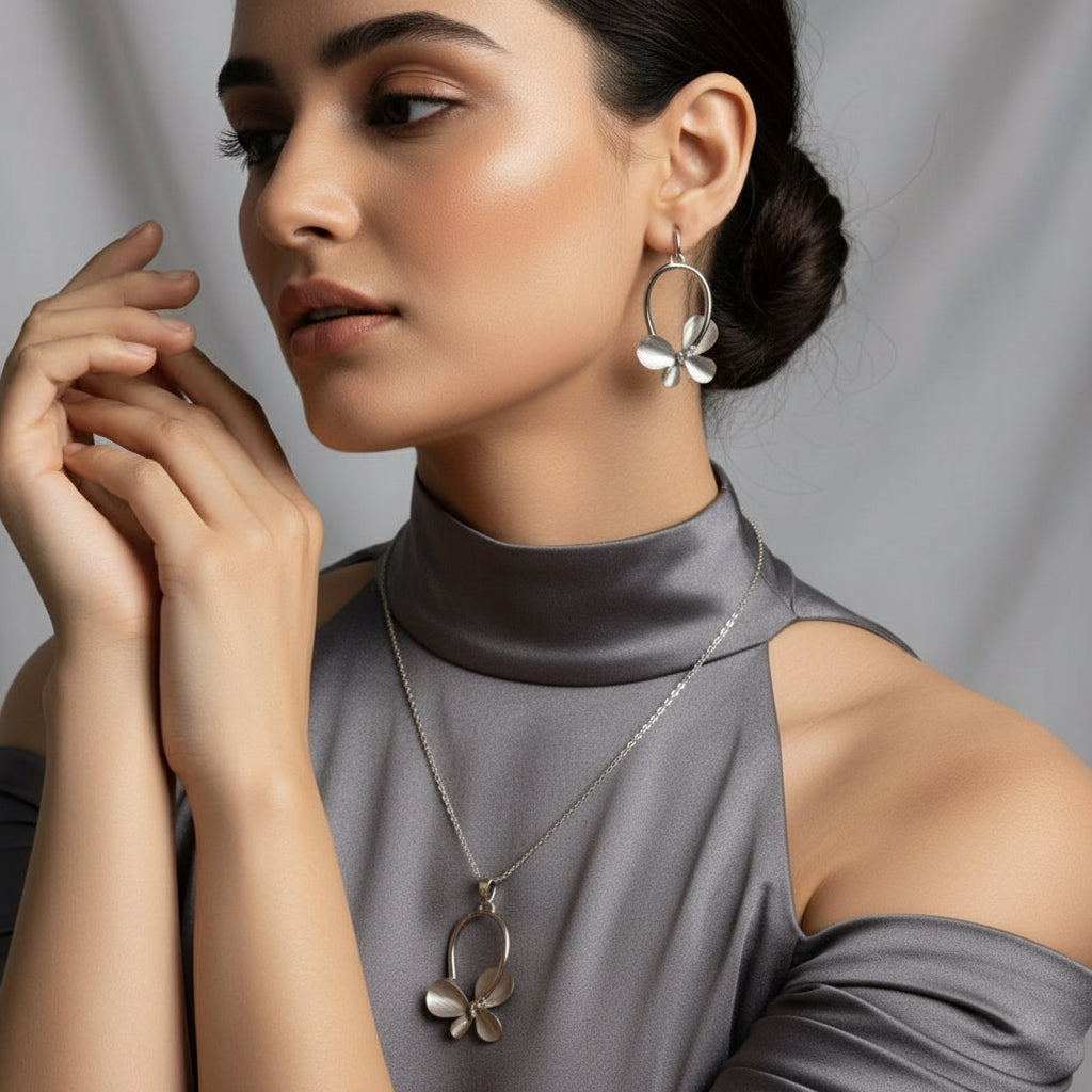 Silver-Tone Cat Eye Butterfly Pendant and Earring Set