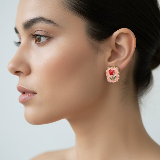 Vintage-Style Enamel Tulip Stud Earrings