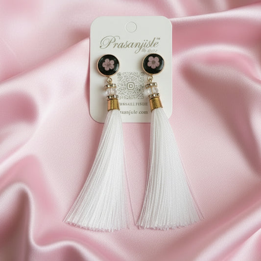 Artisanal White Long Tassel Drop Earrings with Floral Resin Accents
