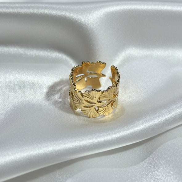 Adjustable Gold Ginkgo Biloba Leaf Ring | Nature-Inspired Filigree Band
