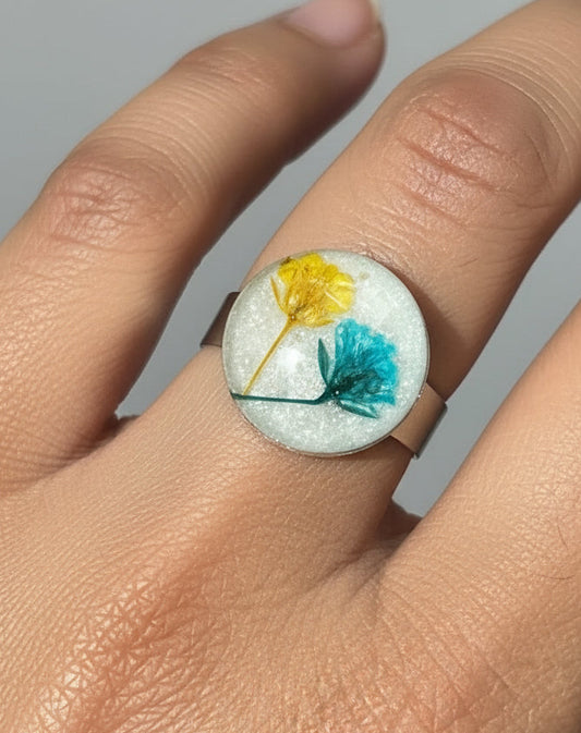 Pressed Flower Resin Ring - Teal & Yellow Blooms, Adjustable