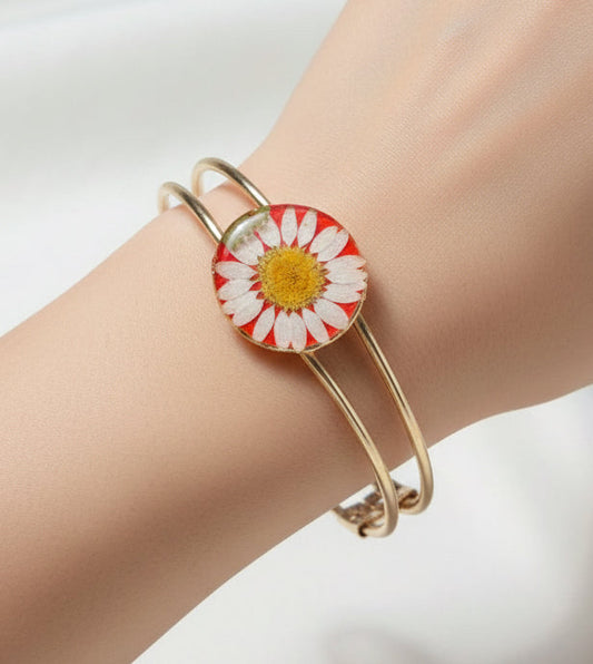 Real Flower Resin Bangle | Dainty Gold Cuff Bracelet | Unique Gift for Her
