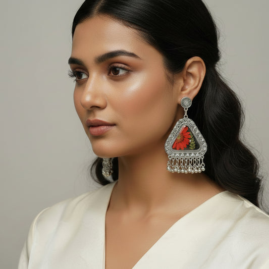 Vintage-Inspired Silver Jhumka Earrings with Real Pressed Red Flowers