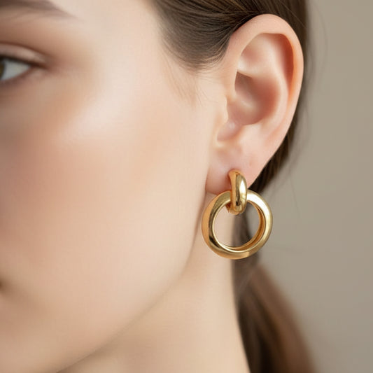Gold-Tone Double Interlocking Circle Drop Earrings – Modern High-Shine Jewelry