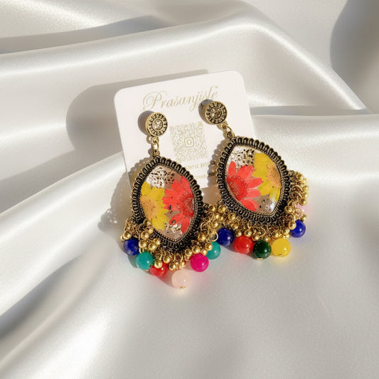 Handcrafted Boho Floral Drop Earrings – Antique Gold Finish with Rainbow Bead Accents