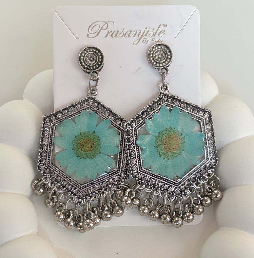 Handmade Resin Flower Earrings with German Silver Jhumkas | Boho & Ethnic Jewelry