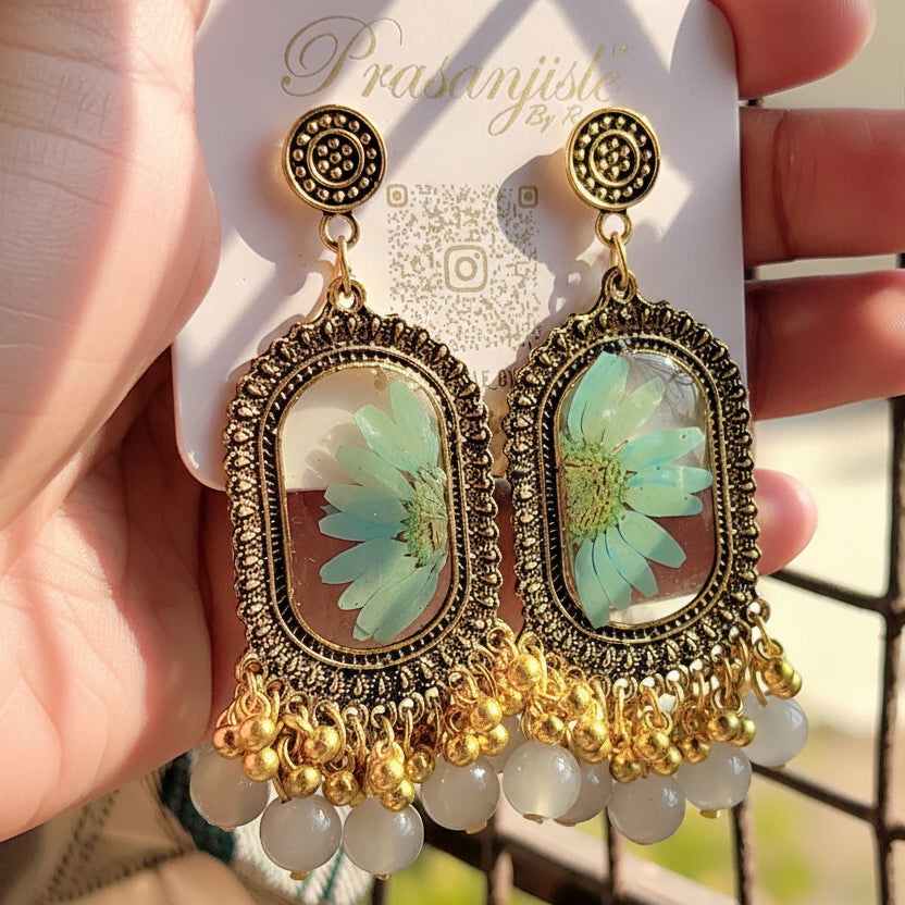 Vintage-Style Gold Pressed Flower Earrings | Teal Daisy Terrarium Drops