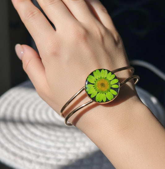 Vibrant Green Flower Resin & Gold Cuff Bracelet