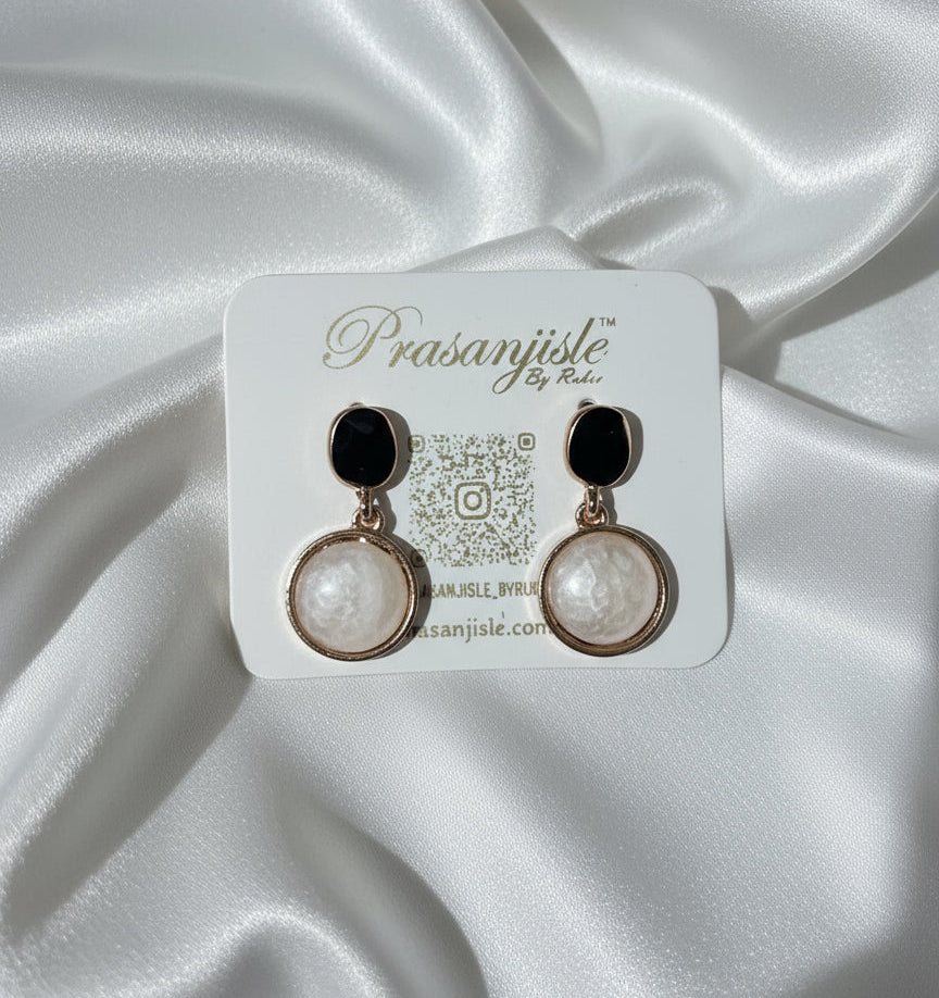 Elegant Black & White Dangle Earrings - Gold Tone Drop with Marbled Stone