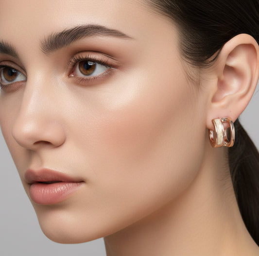Rose Gold Dual-Band C-Hoop Earrings – Marble Inlay Geometric Studs