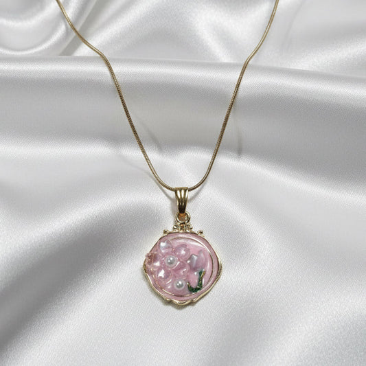 Pink Coquette Aesthetic Round Enamel Pendant – Gold Snake Chain Floral Charm